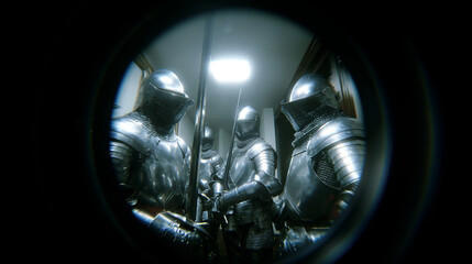 Silver steel armor gleams in the dim light as figures cluster behind a fortified wooden gate, symbolizing protection and ancient rituals