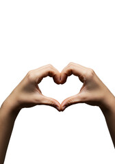Youthful caucasian hands meticulously form a perfect heart shape, isolated on a transparent background with soft shadows, extreme macro with cinematic lighting. Concept of human connection
