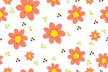 Playful seamless floral pattern with orange flowers, yellow centers, and green leaves on a white background, perfect for cute fabric, wallpaper, and decor.