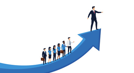 Fototapeta premium A visionary leader guides a diverse business team up a large blue growth arrow, symbolizing corporate success, teamwork, and career progression