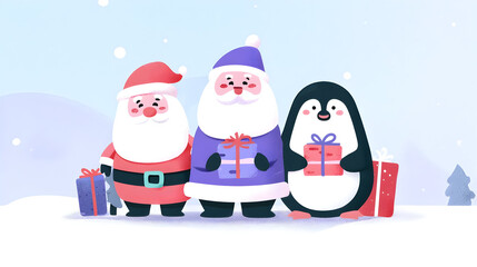 Cartoon Santa Clauses and Penguin with Gifts in Snowy Winter Landscape