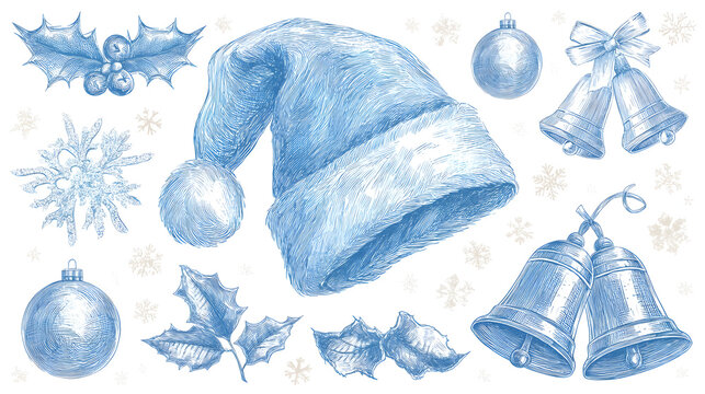 Blue Christmas Festive Holiday Elements in Detailed Engraving Style Illustration
