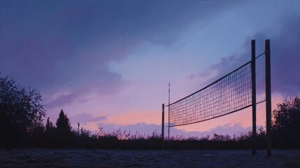 Serene Beach Volleyball Net Silhouetted Against a Dramatic Twilight Sky with Hues of Purple and Pink.