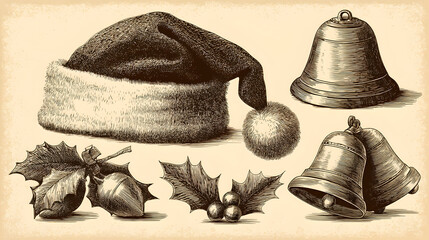 Detailed Engraving of Christmas Decorations Santa Hat Bells and Holly