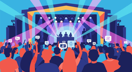 Energetic Crowd Immersed in Live Music Experience at a Vibrant Outdoor Concert, Illuminated by Dynamic Stage Lights and Reflecting Modern Digital Engagement