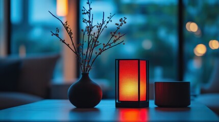 Serene Evening Ambiance Illuminated Tabletop Still Life with Blossoms and Warm Lighting