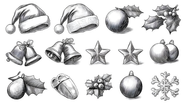 Detailed Engraved Christmas Decorations Including Santa Hats Bells Stars and Ornaments