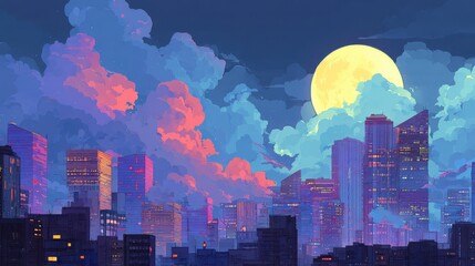 Stunning photo of city skyline at night with full moon and colorful clouds in the sky.