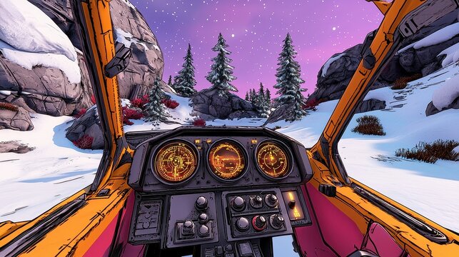 Scenic First Person View From Inside Yellow Cockpit Facing Snowy Mountains and Starry Sky - Powered by Adobe