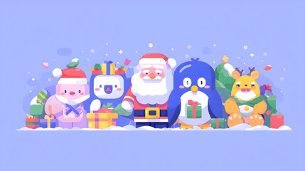 Fototapeta premium Festive Cartoon Characters Celebrating Christmas with Presents and Decorations