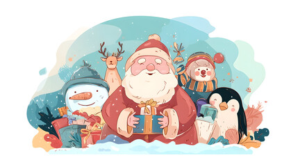 Festive Cartoon Christmas Scene with Santa Reindeer Snowman Penguin and Gifts