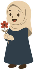 Cute Muslim Girl Cartoon Holding a Flower | Islamic Kids Illustration