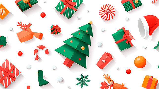 Festive Christmas Decorations and Gifts Arranged on a Clean White Background