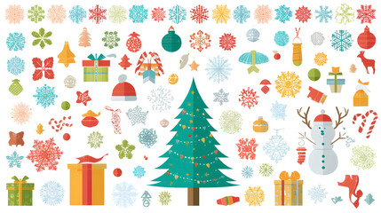 Festive Christmas Elements Snowflakes Tree Gifts and Snowman on White Background