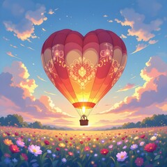 Fototapeta premium Hot Air Balloon in Shape of Heart with Sunset Clouds