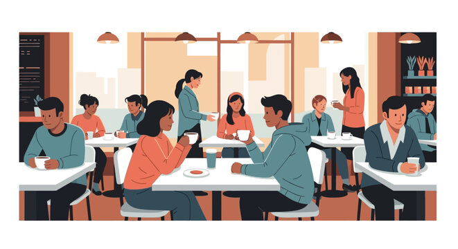 Illustration capturing a lively and diverse urban cafe scene, where people are enjoying conversations, coffee, and social connections in a bustling and welcoming atmosphere