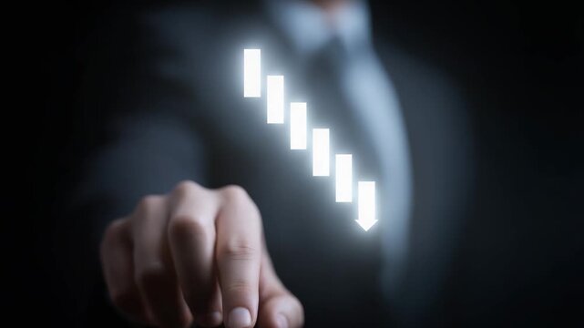 Businessman Touching Virtual Downward Arrow Representing Financial Loss, Economic Crisis and Risk Management in Corporate Strategy, Video