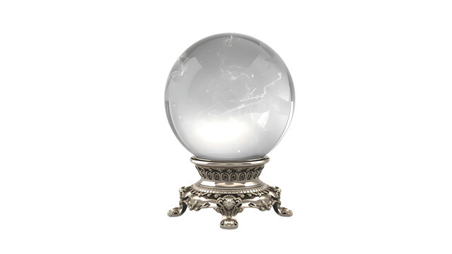 Elegant Crystal Ball on Ornate Stand for Fortune Telling and Divination, Magical Glass Sphere with Decorative Silver Base Against a Black Background
