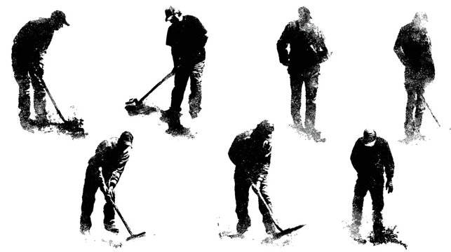 Black and white silhouettes of people digging and raking, engaged in manual labor or gardening activities, vector graphics.