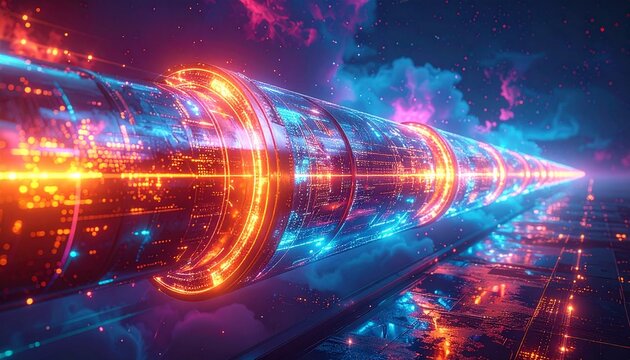 Futuristic glowing pipeline with vibrant neon lights and patterns