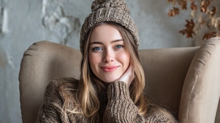 happy young woman sitting on sofa at home and looking at camera portrait of comfortable woman in winter clothes relaxing on armchair portrait of beautiful girl smiling and relaxing during autumn no l