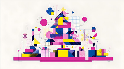 Obraz premium Geometric Christmas Tree with Gifts Pink Yellow and Blue Abstract Holiday Art