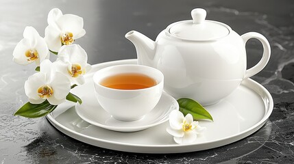 Serene Still Life White Tea Set with Orchids on Dark Marble