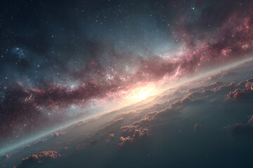 Fototapeta premium Vivid depiction of a science fiction space environment showcasing a distant galaxy and glowing planet against a cosmic backdrop