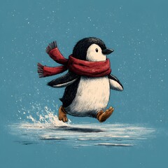
Cheering Penguin Wearing a Red Scarf Running and Sliding on a Wintery Ice Surface
