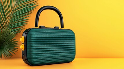 Shiny Emerald Briefcase with Black Handle Gold Clasps on Orange Background