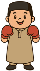 Muslim Boy Cartoon with Boxing Gloves | Islamic Kids Sports Illustration