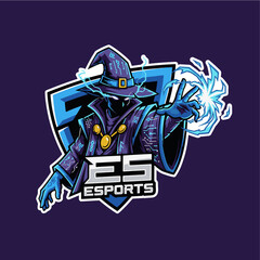 Dynamic esports logo featuring a mystical wizard casting a spell, perfect for gaming teams and streaming channels, creating an electrifying brand identity with a touch of arcane power