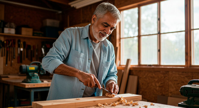 Smiling senior carpenter with beard using a chisel to carve wood in his workshop - Powered by Adobe