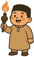Muslim Boy Cartoon Holding Torch | Islamic Kids Illustration for Ramadan Celebration