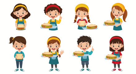 Diverse Group of Children Holding Cakes Cartoon Style.