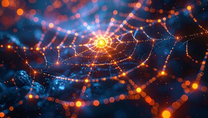 Obraz premium Intricate glowing spiderweb with beautiful light reflections and bokeh