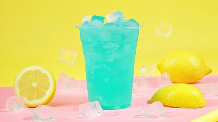 Iced Blue Lemonade Drink, Pink Yellow Background, Summer