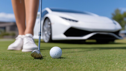 Female golfing near luxury sports car on sunny day