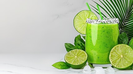 Refreshing Green Smoothie with Lime and Tropical Leaves