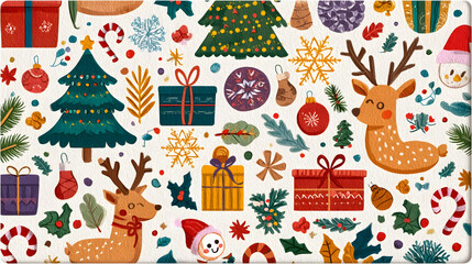 Whimsical Christmas Illustration Featuring Reindeer Gifts Trees and Festive Decorations