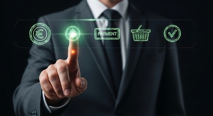 Business professional selects digital icon on futuristic touch screen interface representing innovation and success