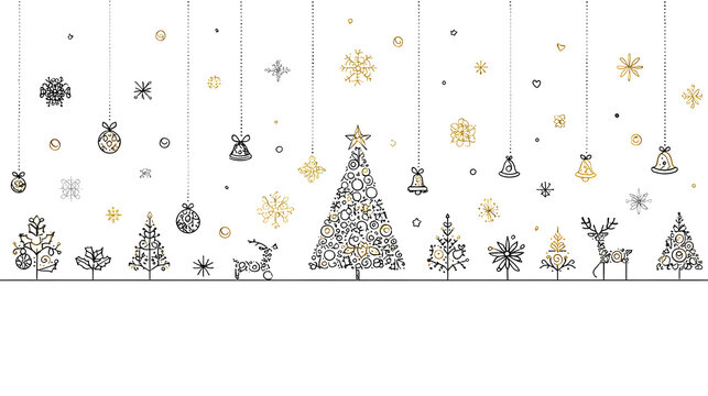 Whimsical Christmas Illustration with Hanging Ornaments Trees and Reindeer