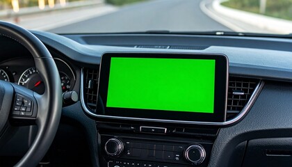 Inside Car Dashboard View Mockup Green Screen Display for Navigation and Information
