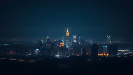Fototapeta premium A breathtaking urban skyline illuminated by city lights under a gradient night sky.
