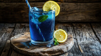 Iced Blue Lemonade Drink Rustic Wood Background