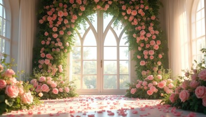 Fototapeta premium Pink roses and green foliage adorn an arched doorway with a large window behind. Rose petals scatter across the floor creating a romantic, celebratory ambiance. Soft light streams through the glass.