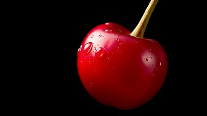 Macro shot of a ripe cherry with water droplets, vibrant red against a dark background, emphasizing freshness.