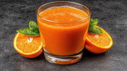 Refreshing Orange Juice with Slices and Mint on Dark Background
