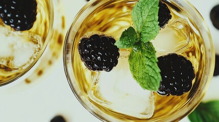 Iced blackberry drink, mint garnish, summer beverage, close-up, white background