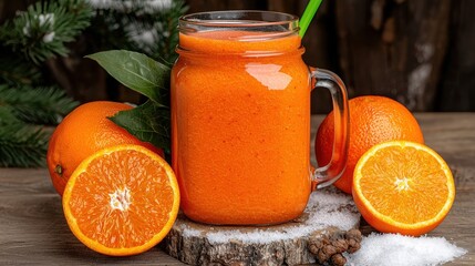Refreshing Orange Smoothie in Mason Jar with Winter Setting